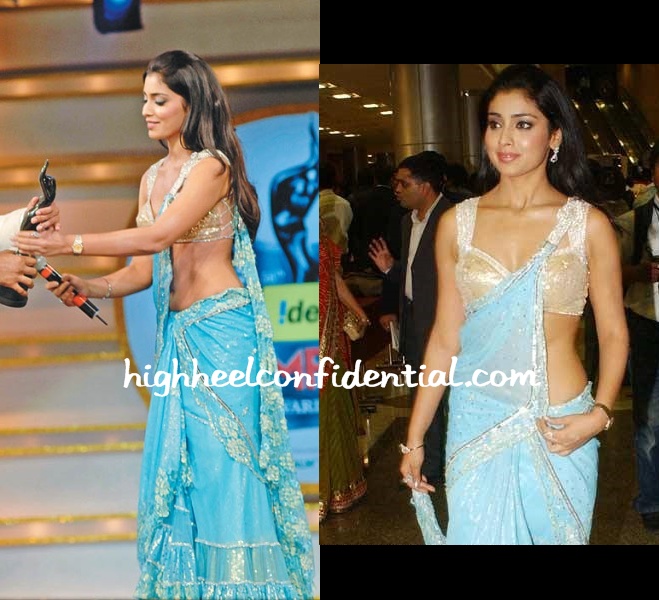 shriya-saran-56th-filmfare-awards-blue-sari