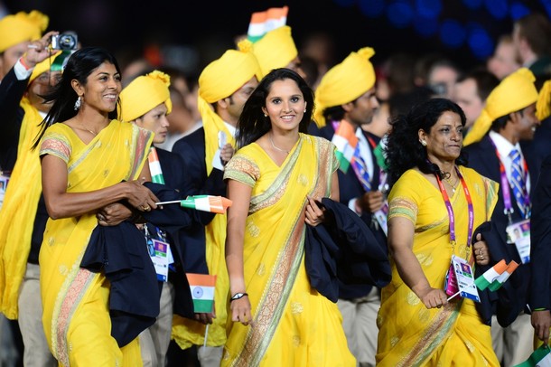 Members of India's delegation parade in