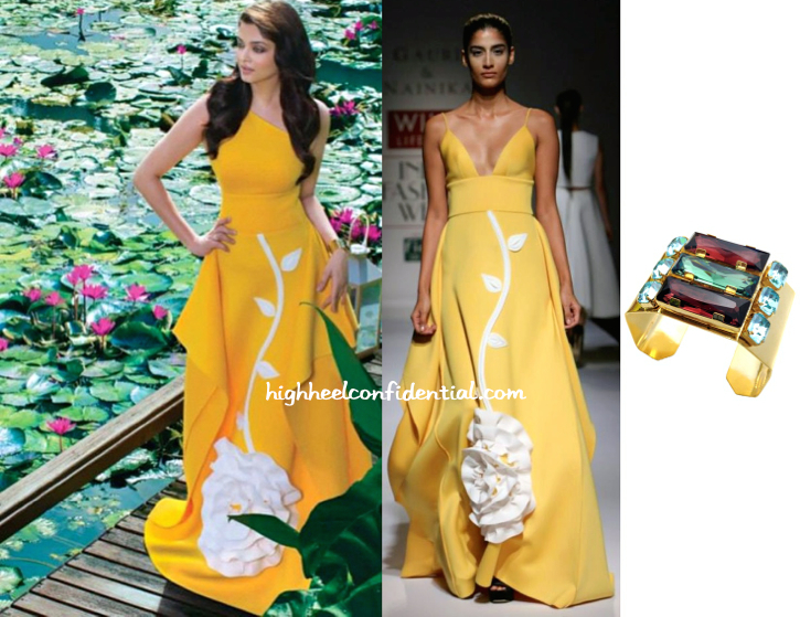 A recent print campaign had Aishwarya Rai Bachchan wear a Gauri and Nainika gown with Maithili Kabre cuff