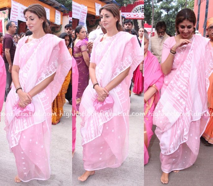 shweta-bachchan-ashtami-durga-puja-pink-sari